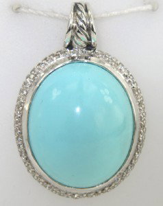 David Yurman Silver Turquoise & Diamond Pendant: David Yurman Silver Turquoise & Diamond Pendant The total Pendant's weight is 14.1 grams. The total weight of diamonds is 1 cts. approximately H - I and VS - SI clarity. The size of the turquoise is 2