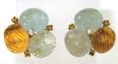 18K Yellow Gold Multi-colored Stones Diamond Earrin: 18K Yellow Gold Multi-Colored Stone ( Citrine, Aquamarine & Prasolite) and Diamond Earrings Earrings' Weight: 20.5 grams. The size of each stone : 13 x 10 mm. The total weight of diamond is 0.04 ct. a