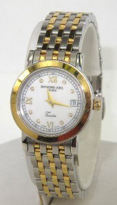 Raymond Weil 2-Toned Stainless Steel Diamond Watch: Raymond Weil 2-Toned Stainless Steel Diamond Date Just Watch . The total watch's weight is 65.2 grams. The total weight of diamond: 0.08 pts.,approximately H color VS clarity. The measurements of watc