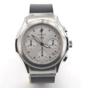 Hublot Stainless Steel Chronograph Watch: Hublot Stainless Steel Chronograph Rubber Strap Watch The total watch's weight is 97 grams. The total The size of watch head: 35 x 39 mm and 7 mm thick The length of the watch is 8" Water Resistant Sw