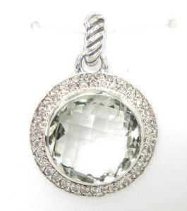 David Yurman Silver Prasiolite & Diamond Pendant: David Yurman Silver Prasiolite & Diamond Pendant. The total Pendant's weight is 10.6 grams. The total weight of diamonds is 1 cts. approximately I and SI clarity. The size of the Prasiolite is 15 x 15