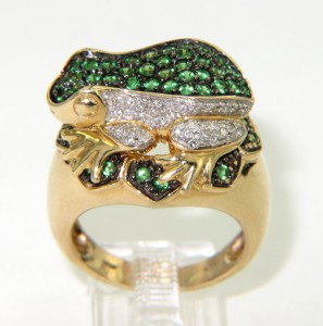 14K Yellow Gold Tsavorite Diamond Ring: 14K Yellow Gold Tsavorite Diamond Frog Ring. The total ring's weight is 11.1 grams. The total weight of Diamond is approximately 0.3 cts. I color SI clarity. The total weight of Tsavorite is 2 ct. app