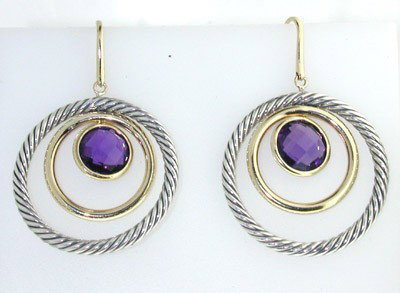 David Yurman 18K Yellow Gold/Silver Amethyst Earri: David Yurman 18K Yellow Gold/Silver Amethyst Earrings The total earrings weight is 12.8 grams. The size of Amethyst: 8 x 8 mm. The measurements of earring: 45 x 30 mm.