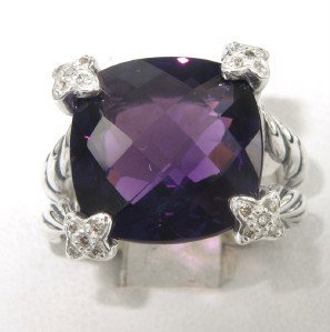 David Yurman Silver Amethyst & Diamond Ring: David Yurman Silver Amethyst & Diamond Ring The total ring's weight is 8.6 grams. The total weight of the diamond is 0.25 cts approximately, I color SI clarity. The size of the amethyst is 14 x 14 mm.