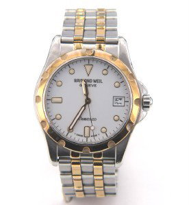 Raymond Weil 2-Toned Stainless Steel Watch: Raymond Weil 2-Toned Stainless Steel Watch The total watch's weight is 106.7 grams. The measurements of watch head is 33 x 35 mm and 6 mm thick. The length of watch: 8.25" water Resistant swiss made C