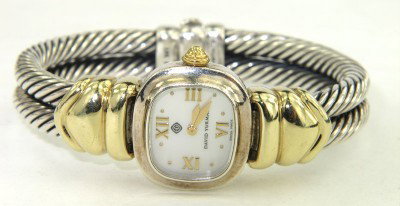 David Yurman Stainless Steel/14K Gold Bangle Watc: David Yurman Stainless Steel/14K Yellow Gold Bangle Watch. The total watch's weight is 61.6 grams. The size of the watch head is 20 x 16 mm and 8 mm thick. The measurements of inside watch: 47 x 37 mm