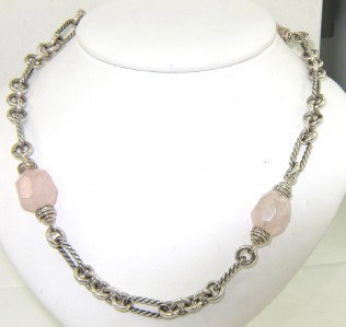 David Yurman Silver Diamond & Rose Quartz Necklace: David Yurman Silver Diamond & Rose Quartz Necklace The total weight of Necklace is 94.1 grams The total weight of diamond: 1.68 cts. approximately. H color, VS - SI clarity The measurements of rose qu