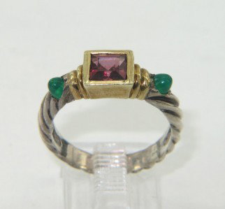 David Yurman Silver Rhodolite & Emerald Ring: David Yurman Silver Rhodolite & Cabochon Emerald Ring The total ring's weight is 3.7 grams. The total weight of cabochon emerald is 0.14 cts approximately. The size of the ring is 5.75 The measurement
