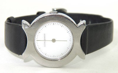 Georg Jensen Stainless Steel Leather Strap Watch: Georg Jensen Stainless Steel leather strap watch The total watch's weight is 19.3 grams. The measurements of watch head is 23 x 24 mm and 4 mm thick. The length of watch: 7.75". Water Resistant. swiss