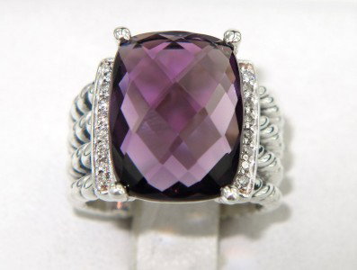 David Yurman Silver Amethyst & Diamond Ring: David Yurman Silver Amethyst & Diamond Ring The total ring's weight is 10.5 grams. The total diamond weight is 0.32 cts ,approxmiately. I color SI clarity. The size of Amethyst is 15 x 11 mm. The size