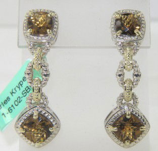 Charles Krypell 14K Yellow Gold/Silver Citrine Earrings: Charles Krypell 14K Yellow Gold/ Silver Citrine Earrings The weight of the Earring is 12.9 grams The size of Citrine: 7 x 7 mm - 6 x 6 mm The length of earring: 1.5" The earring is 5 mm in thickness