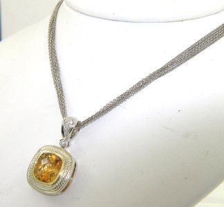 Charles Krypell Gold/Silver Citrine Diamond Neckla: Charles Krypell 14K Yellow Gold/Silver Citrine Diamond Neckalce with Original Pouch The weight of the Necklace is 14.4 grams. The size of Citrine is 12 x 12 mm. The total weight of diamond is 0.15 ct.