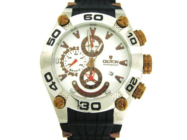 Croton Men's Chronomaster Rubber Strap Watch: "This is a Croton Men's Chronomaster Rubber Strap Watch with the following features: Stainless Steel case; 46 mm case size; Strap Band material; Mineral Crystal; Luminous hands and markers; Japan quar
