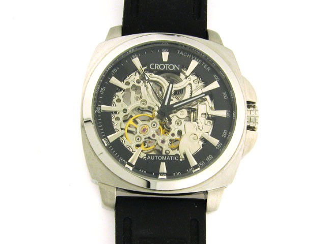 Mens Croton Rubber Automatic Watch: "This is a Mens Croton Rubber Automatic Watch with the following features: Automatic; black rubber band; all stainless steel; silver glow-in-dark hands; black second hand; matte and mirror finish beze