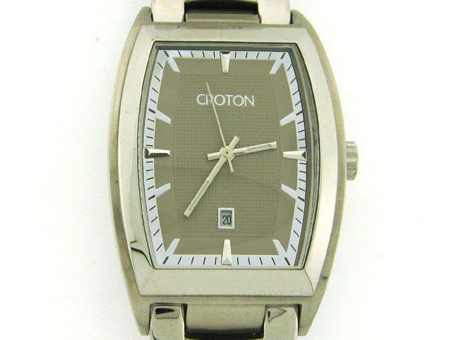 MENS CROTON DATE WATCH: This is a Men's Croton Dress Watch with the following features: All stainless steel; luminous second hand; date at 6:00; Japan quartz movement; Elegant rectangle charcoal grey face with mirror finish