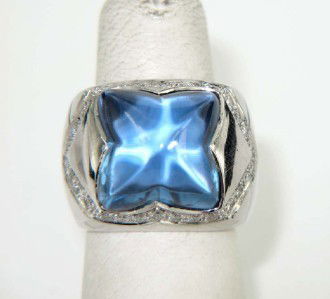 18K White Gold, Diamond Blue Topaz Ring: 18K white Gold, Diamond Blue Topaz Ring The total ring weight is 21.1 grams The total diamond weight is 0.5 cts ,approxmiately. H color, VS clarity. The size of Blue Topaz : 13 x 13 mm. The size of ri