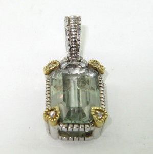 Judith Ripka Silver/18K Gold Diamond,Prasiolite Pe: Judith Ripka Silver/18K Yellow Gold Diamond & Prasiolite Pendant The total Pendant weight is 6.2 grams. The total weight of diamond: 0.08 pts. H color VS clarity The size of prasiolite: 18 x 9 mm Size