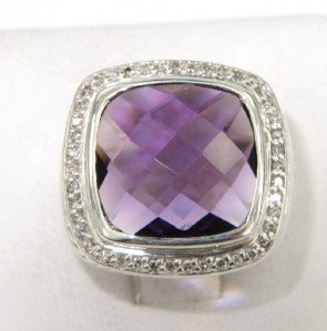 David Yurman Silver Amethyst & Diamond Ring: David Yurman Silver Amethyst & Diamond Ring. The total ring's weight is 15.5 grams. The total weight of the diamond is 0.43 cts., approximately, H color VS clarity. The size of the amethyst is 13 x 13
