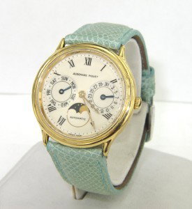 Audemars Piguet Day Date With Moon Phase Watch: Audemars Piguet 18K Yellow Gold Automatic Day Date With Moon Phase Leather Strap Watch. The total watch's weight is 45.2 grams. The measurements of watch head is 29 x 29 mm and 7 mm thick. The length 