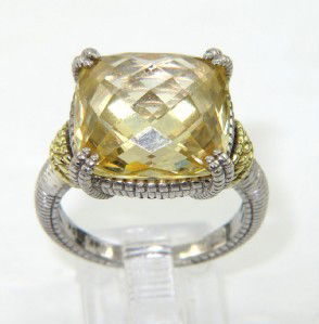 Judith Ripka Silver/18K Gold, Lemon Citrine Ring: Judith Ripka Silver/18K Yellow Gold, Lemon Citrine Ring. The total ring weight is 6.4 grams. The measurements of lemon citrine: 13 x 13 mm. The size of ring head: 14 x 14 mm. The size of ring: 6.25
