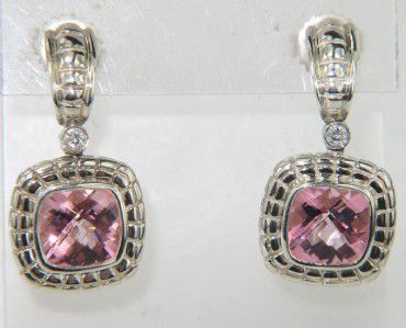 Charles Krypell Gold/Silver Topaz & Diamond Earri: Charles Krypell 14K Gold/Silver Pink Topaz & Diamond Earrings The weight of the Earring is 9.1 grams. The size of pink topaz is 7 x 7 mm . The total weight of diamond is 0.07 pts. approximately, H col
