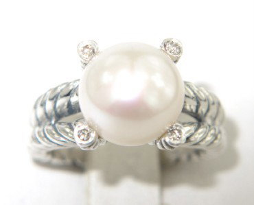 David Yurman Silver Pearl & Diamond Ring: David Yurman Silver Pearl & Diamond Ring The total ring's weight is 9.5 grams. The total weight of the diamonds: 0.08 pts., approximately, I color SI clarity. The size of the Pearl is 9 mm in diameter