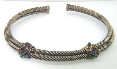 David Yurman Silver Rhodolite & Emerald Necklace: David Yurman Silver Rhodolite & Cabochon Emerald Necklace. The total weight of Necklace is 109.6 grams. The total weight of cabochon emerald: 0.4 cts. The measurement of rhodolite: 3 x 3 mm. The neckl