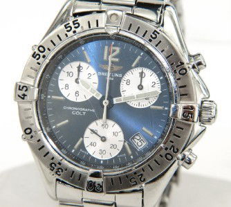 Breitling Chronograph Mens Wristwatch: Breitling Chronograph Date Just Mens Wristwatch The total watch's weight is 116.2 grams. The measurements of watch head is 35 x 35 mm and 10 mm thick. The length of watch: 7.5" Case Type: Stainless st