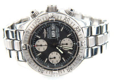 Breitling Automatic Chronograph Mens Wristwatch: Breitling Chronograph Mens Wristwatch with Original Box. The total watch's weight is 191 grams. The measurements of watch head is 41 x 46 mm and 17 mm thick. The length of watch: 7.25" Case Type: Stai