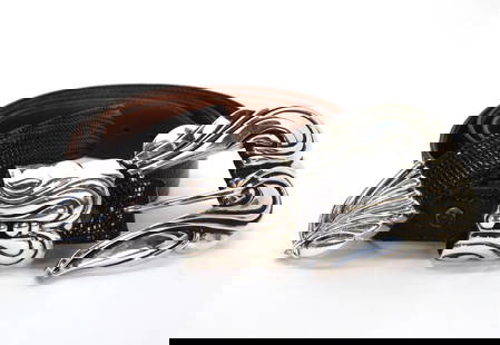 Kieselstein-Cord Vtg Wrap Belt Sterling Buckle Keeper Tip: Kieselstein-Cord Vintage Adjustable 38" black lizard belt with sterling silver buckle, keeper & tip. Signed & numbered. P4153/FEX