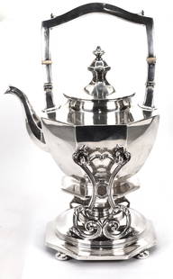 Black Starr Frost Sterling Silver Tilting Pot w Heater Late 1900s: Black Starr Frost Sterling Silver Tilting Coffee Tea Pot w Stand and Heater for Oil or Tea Light. Late 1900s. Style 5756. 13" tall, 8" wide. One small dent to right of spout. Right side of handle need