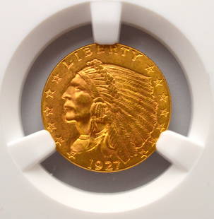 1927 Gold Quarter Eagle Indian $2.50 MS63 Cert NGC: 1927 Gold Quarter Eagle Indian $2.50 MS63 Certified NGC. S/GGFX