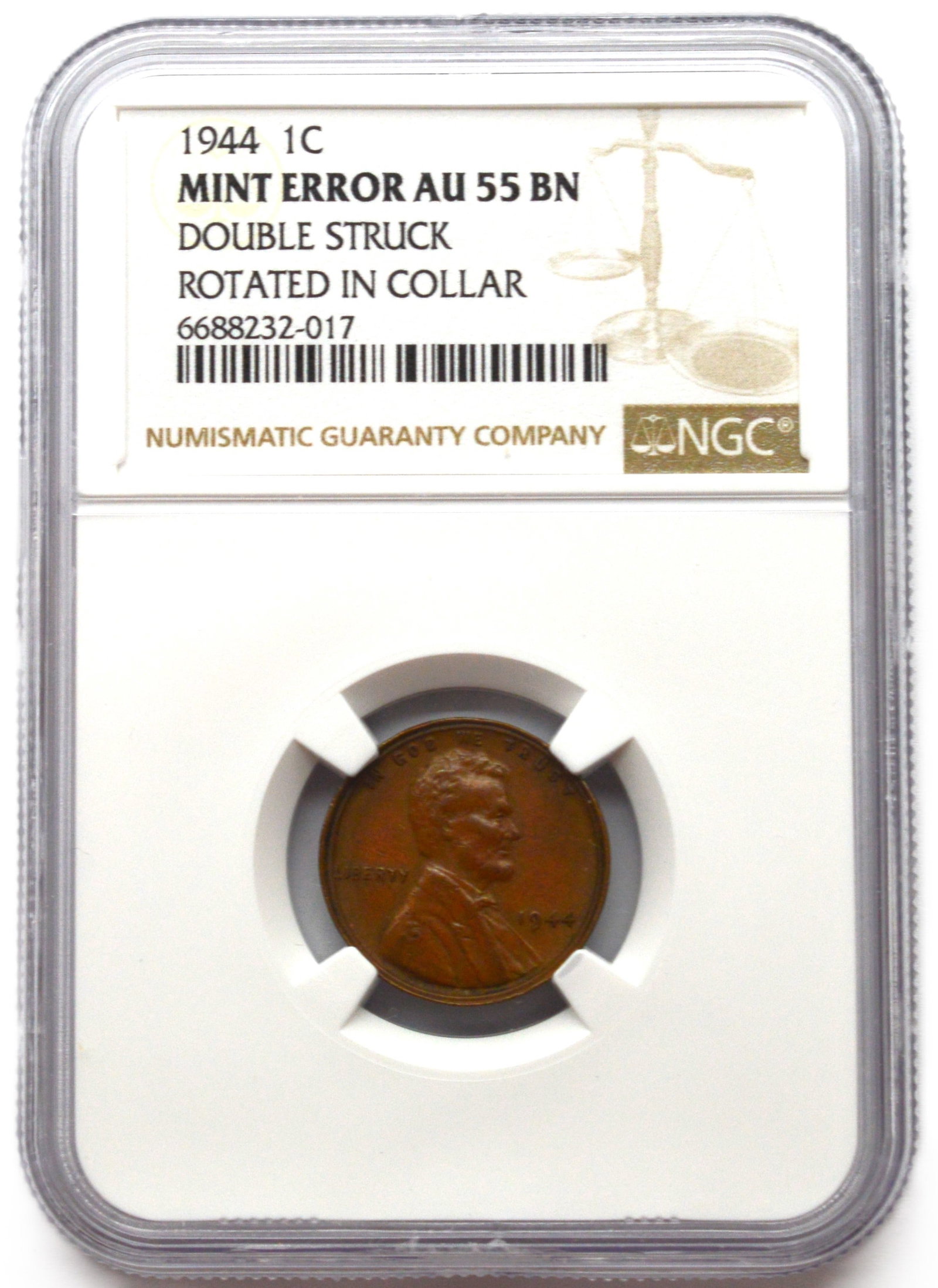 1944 1C Mint Error AU 55BN Double Struck Rotated in Collar (1 of 4)