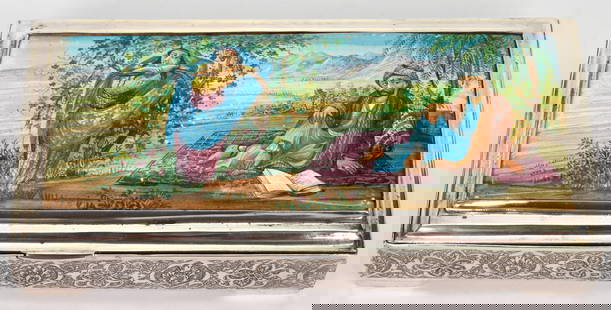 Vtg Persian Silver Presentation Box Enamel Painted Scene: Vtg Persian Silver Presentation Box with Enamel Painted Man & Woman w Scenic Landscape Panel. 840 Silver Marking & Signature. Floral border. Shows some wear from age and handling. 6.25" L x 3" W x 1"H