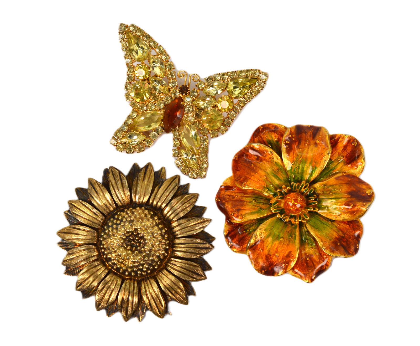 Trio of Maker's Vintage Brooches: Three Vintage Brooches from Erwin Pearl, Janna Thomas and Albert Weiss. Weiss butterfly brooch measures 2 1/8"W x 2 3/4"H and is comprised of lemon yellow and topaz Swarovski crystal. Janna Thomas Tax
