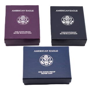 American Eagle One Ounce Silver Proof Coins 3 Pcs: American Eagle Three One Ounce Silver Proof Coins includes 1986 Proof Silver Bullion Coin, 2007 Proof Silver Coin and 1991 Proof Silver Bullion Coin. Each comes in original cases and packaging with Ce