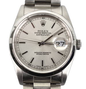 Rolex Stainless Steel Oyster 3135 Perpetual Date Just Chronograph Wrist Watch: Rolex Stainless Steel Oyster 3135 Perpetual Date Just Chronograph Men's Wrist Watch. Brush stainless steel bracelet. Inside measurement 7". 36MM. Deployment clasp. Luminescent hands. Seconds hand. Aut