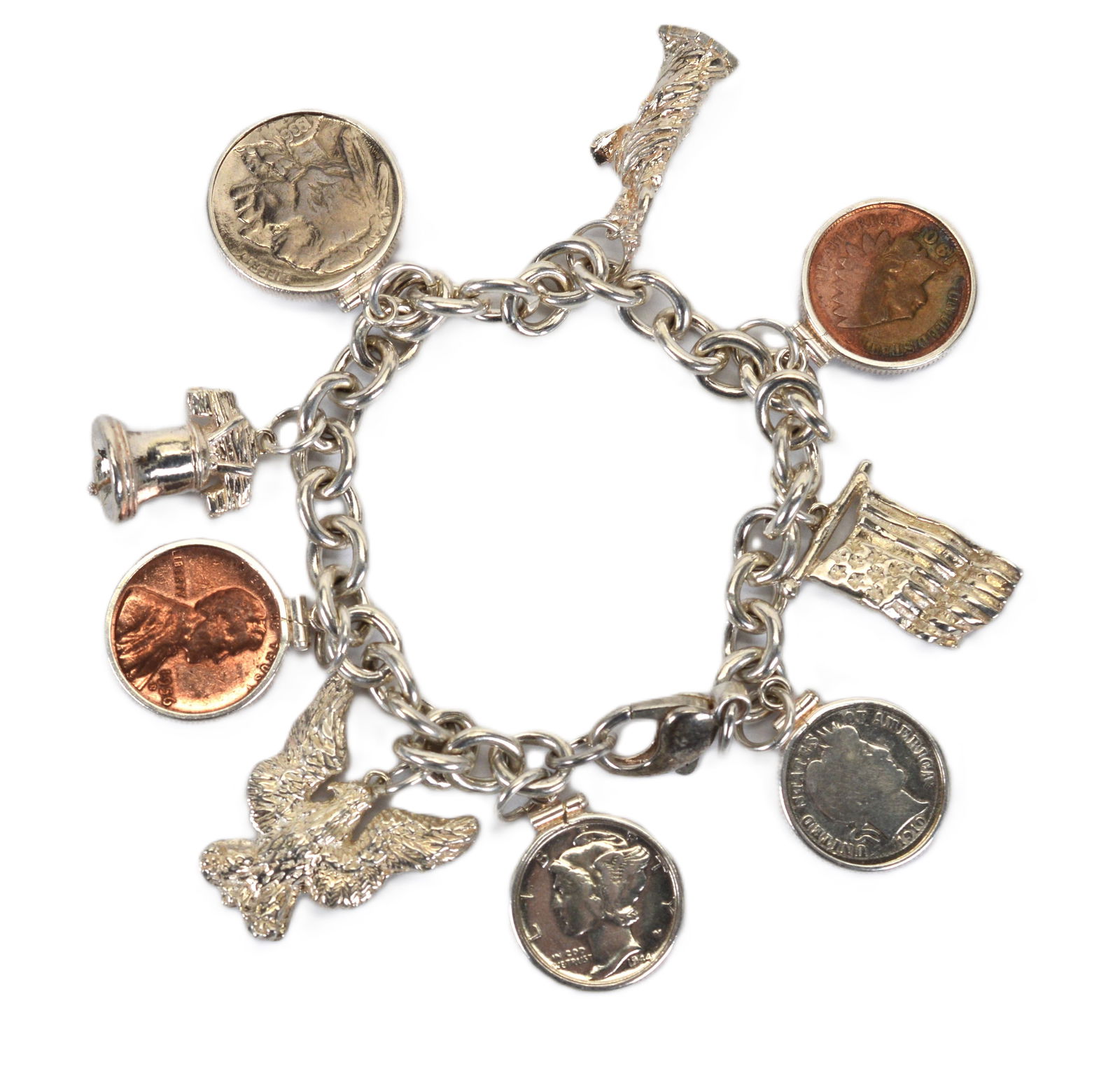 Sterling Silver Charm Bracelet American Coins & Symbols (1 of 4)