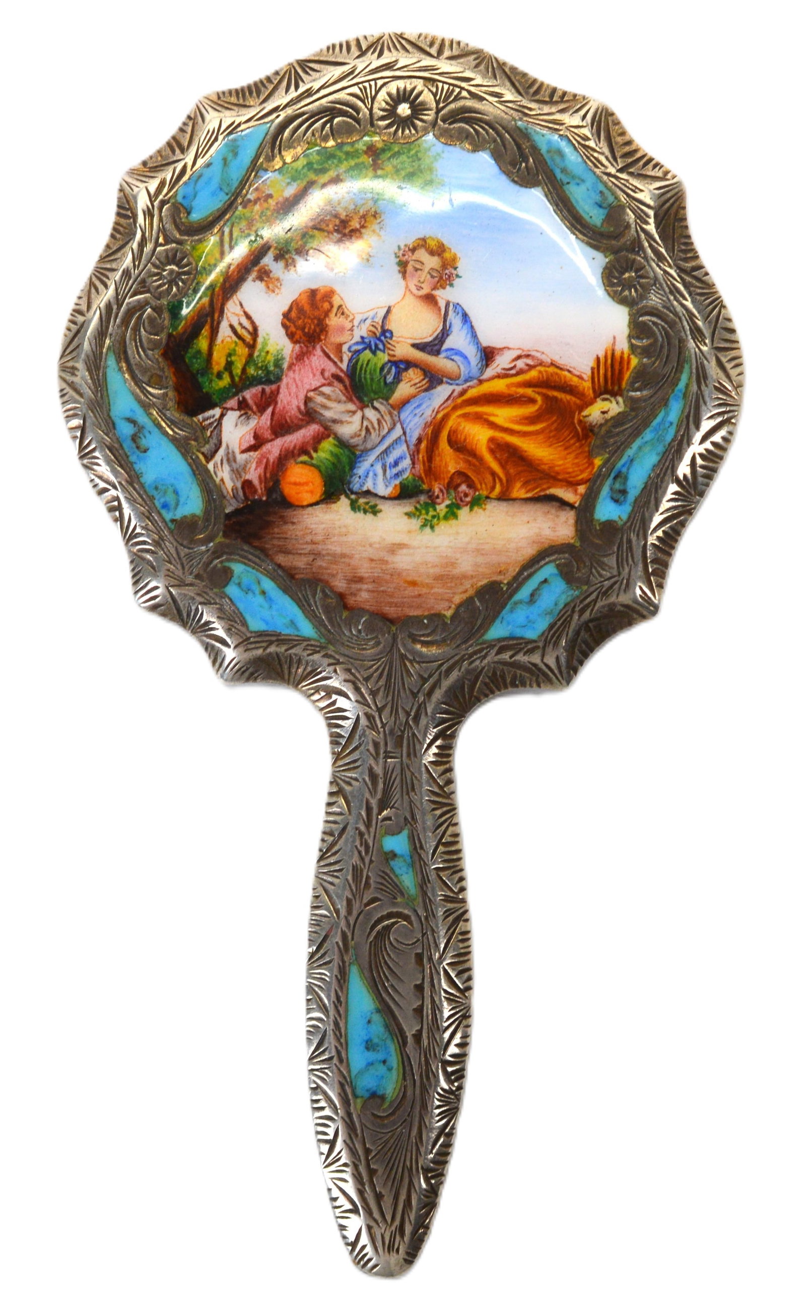 Italian Handcrafted Silver Antique Enamel Small Hand Mirror: Italian Handcrafted 800 Silver Antique Enamel Hand Mirror. Likely made in the early 20th century. Hand painted enamel depicts a pastoral scene of a lady and gentlemen. Detailed, hand etched floral sca