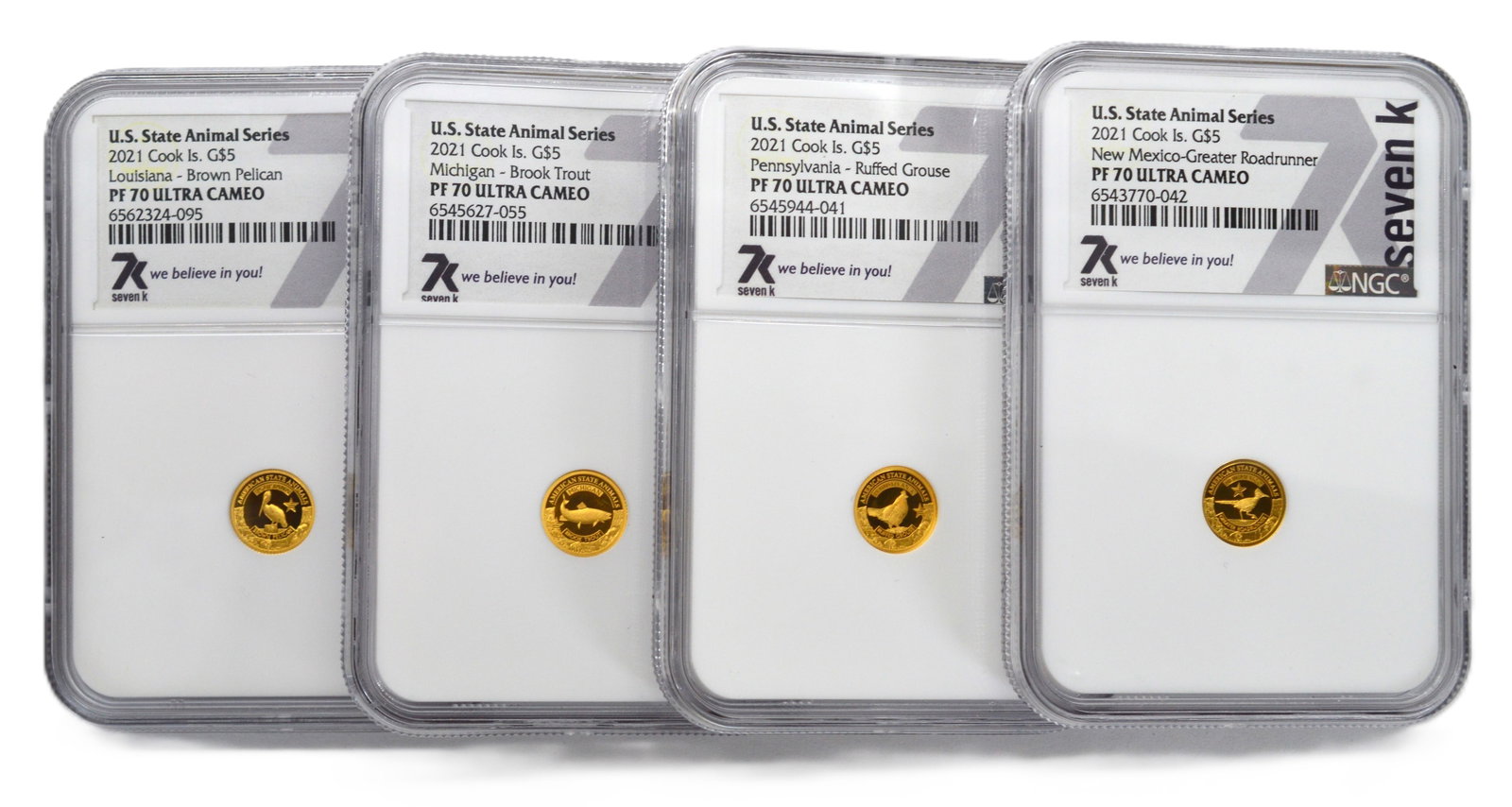 2021 Cook Is. NGC Certified Gold $5 PF70 Ultra Cameo 4 Coin Set - Boxed: In wood presentation box, includes 2021 Cook Island Gold $5 PF70 Ultra Cameo 4 Coin Set U.S. State Animal Series. Michigan - Brook Trout, Louisiana - Brown Pelican, Pennsylvania - Ruffed Grouse, New M