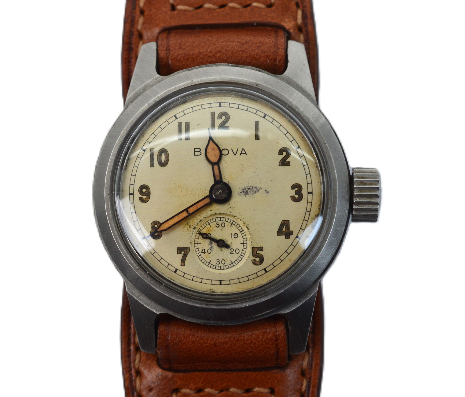 Vintage Bulova Men's Wrist Watch with Military Style Bund Strap: Vintage Bulova Men's Wrist Watch #1917H US Ordnance with Parkerized Gun Metal Steel Screw back Case. Fifteen jewels, manual wind. Large crown, 32MM, 16MM lug, Cal 554 serial number 2782110BM. Has seco