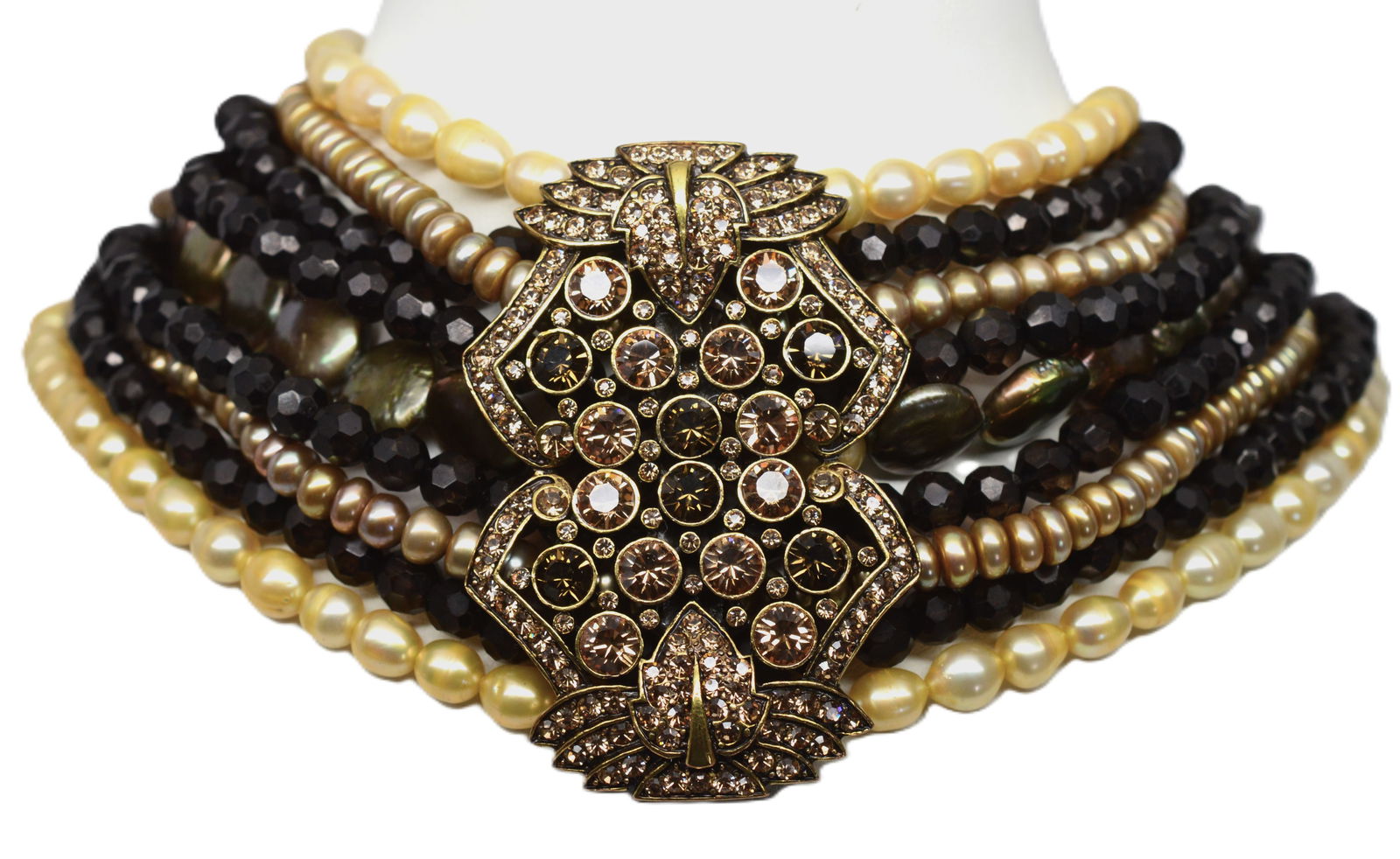 Heidi Daus Halting Glamour Multistrand Choker Fall Colors: Stunning Heidi Daus Halting Glamour Multistrand Statement Choker in Fall Colorway. Nine strands of creamy pearls, topaz crystal, multitoned button pearls are joined by a stunning crystal centerpiece.