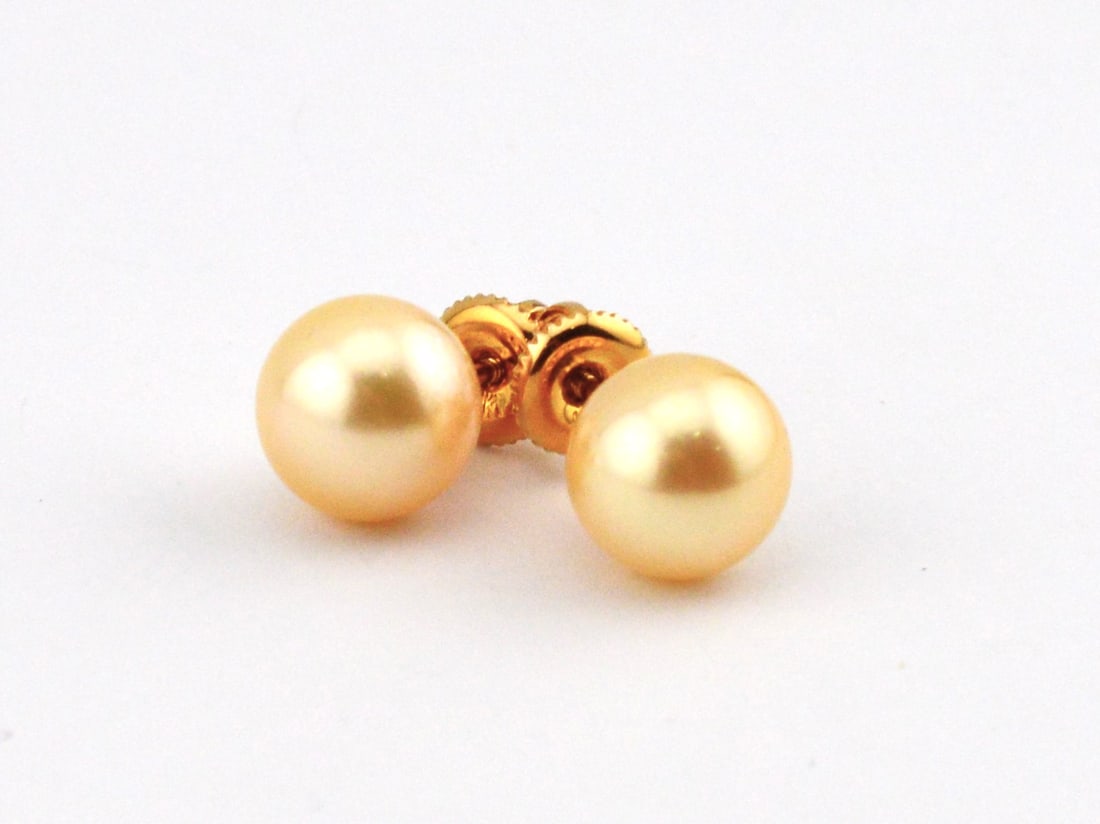 9mm Pearl Studs Earrings with 14 karat Yellow Gold: Elegant Creamy colored 9mm AAA Akoya Pearl Classic Stud Earrings w screw backs for pierced ears, 14K Yellow Gold. Gift Box P1458/AX