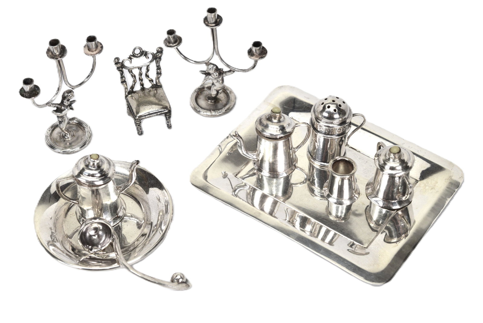 Miniature Sterling Silver Coffee Service Candelabras and More 11 Pieces: Miniature Sterling Silver Coffee Service Candelabras Chair Tray Plate Cup Ladle Muffineer for dollhouse or decoration. 11 Pieces. For reference the candelabra is 2"x1.25" and the tray is 3.25"x2.75".