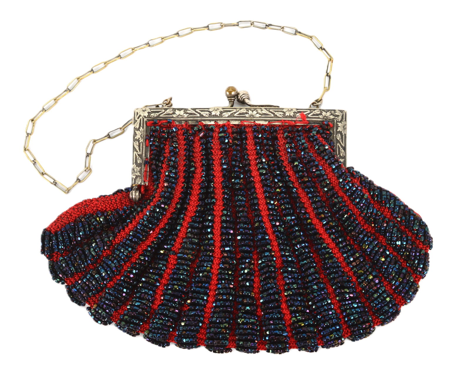 Blue Glass Beaded Vintage Purse Evening Bag Purse: Blue Glass Beaded Vintage Purse Evening Bag Purse on bright red woven cloth with engraved German silver on brass frame with matching chain. Made with European glass beads. Secure snap closure. Measure