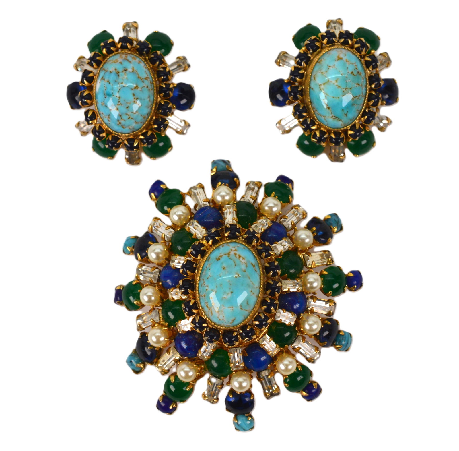 Schreiner New York Vintage Fine Costume Turquoise Bead Brooch & Earring Set (1 of 6)