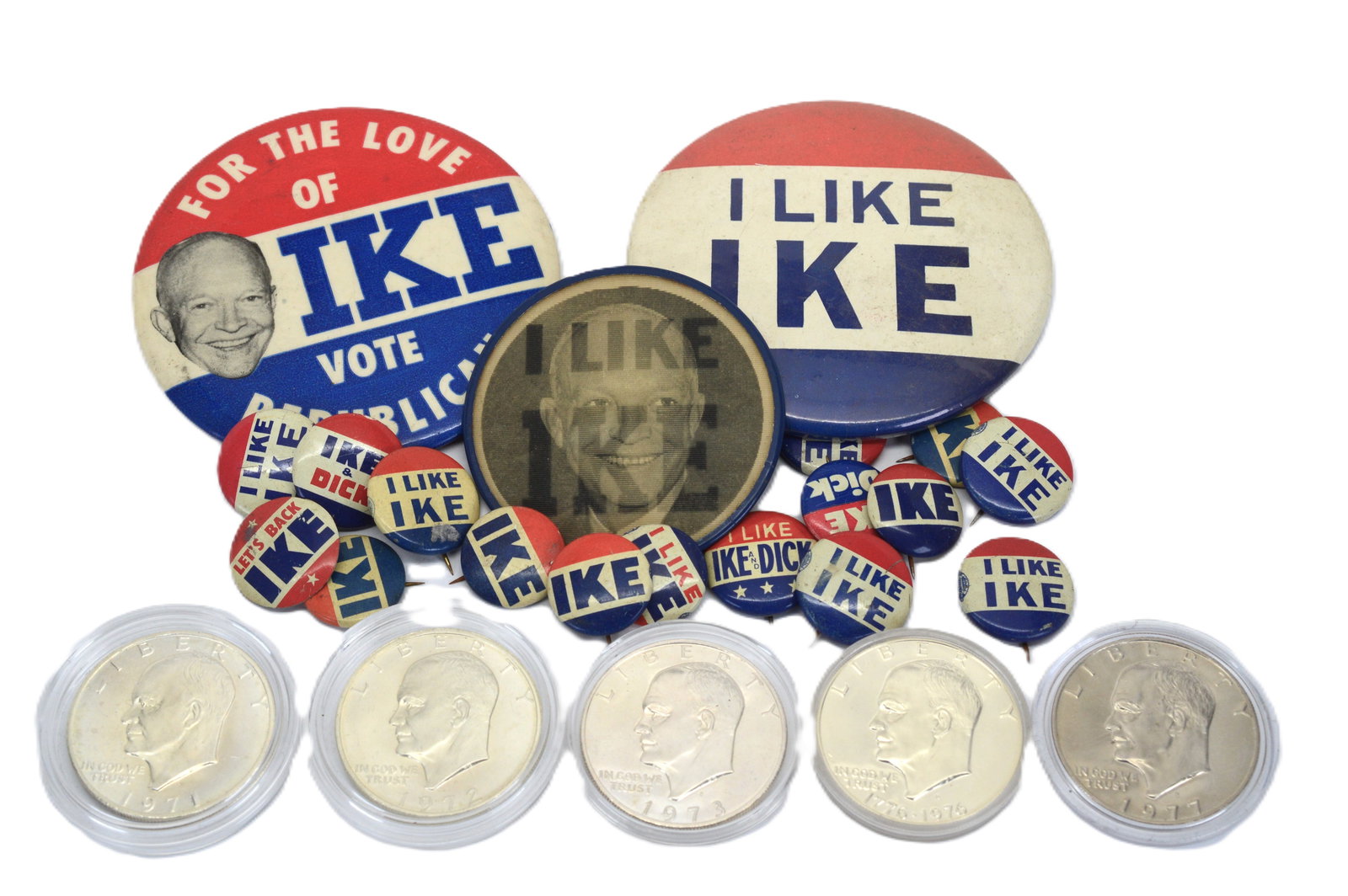 Five Eisenhower (Ike) 40% Silver Dollars w Politica Presidential Campaign Memorabilia: Five Eisenhower (Ike) 40% Silver Dollars and Presidential Campaign Pins. Five Ike dollars are in capsules, in circulated condition. 1971S, 1972S, 1973S, Bicentennial 1776-1976S and 1977S. S/GDX