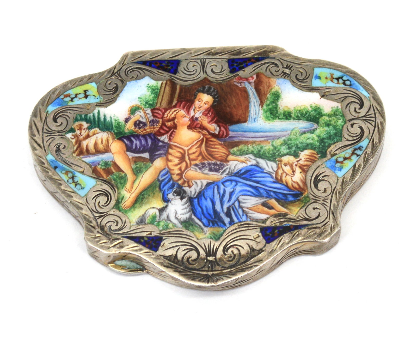 Italian Handcrafted Silver Antique Enamel Mirrored Compact: Italian Handcrafted 800 Silver Antique Gold Gilt Enamel Mirrored Compact. Likely made in the early 20th century. Hand painted enamel with inlaid stone depicts a pastoral romantic scene. Detailed, hand