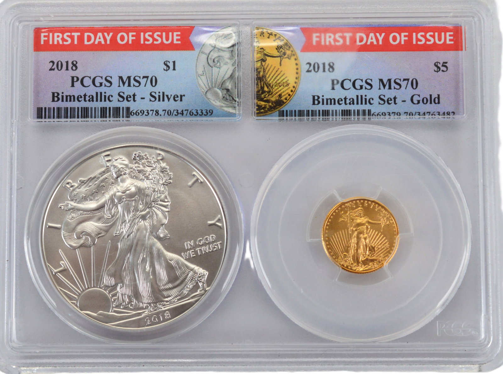 Gold Silver 2018 Bimetallic Certified Coin Bullion First Day Issue Set PCGS MS70: 2018 First Day Issue Bimetallic Coin Bullion Set Certified PCGS MS70 includes one 1 oz. 2018 Silver American Eagle Coin and one 1/10th oz. 2018 Gold American Eagle Coin in dual AG/AU HolderF2013