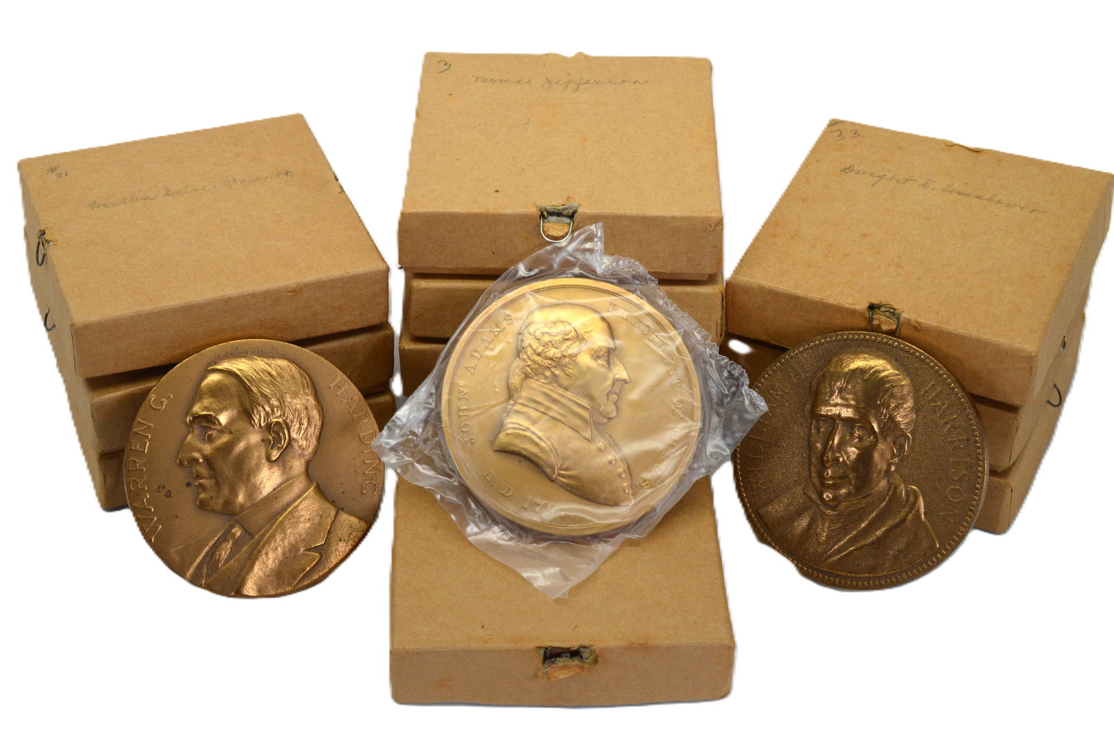 Presidential Bronze Commemorative Medals Lot of 13: Presidential Bronze Commemorative Medals Lot New in Boxes. Large Boxed New Medals contain Presidents Coolidge, FDR, JFK, Dwight Eisenhower, George Washington, John Adams, James Madison, Thomas Jeffers